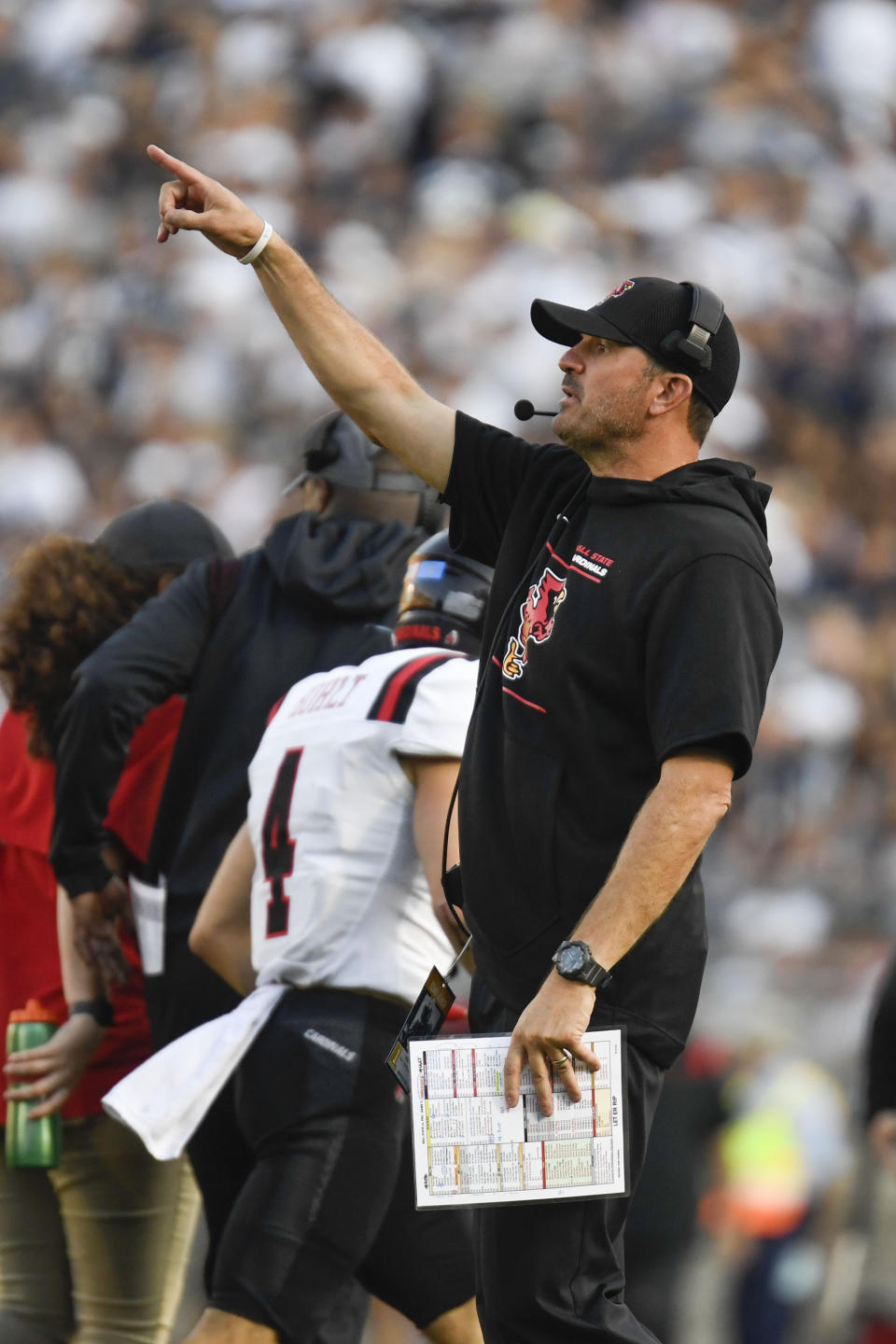 Ball State head coach Mike Neu coaches against Penn State during an NCAA college football game in State College, Pa., on Saturday, Sept. 11, 2021. Penn State defeated Ball State 44-13. (AP Photo/Barry Reeger)