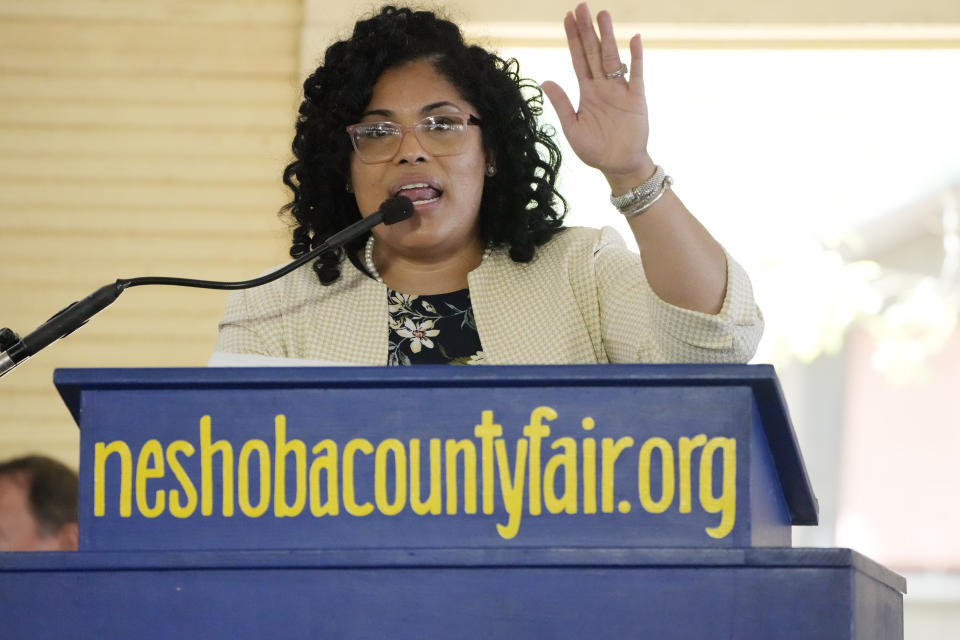 Republican candidate for lieutenant governor Tiffany Longino addresses the crowd at the Neshoba County Fair in Philadelphia, Miss., Wednesday, July 26, 2023. Longino faces incumbent Lt. Gov. Delbert Hosemann and State Sen. Chris McDaniel for the nomination in the party primary Aug. 8. (AP Photo/Rogelio V. Solis)