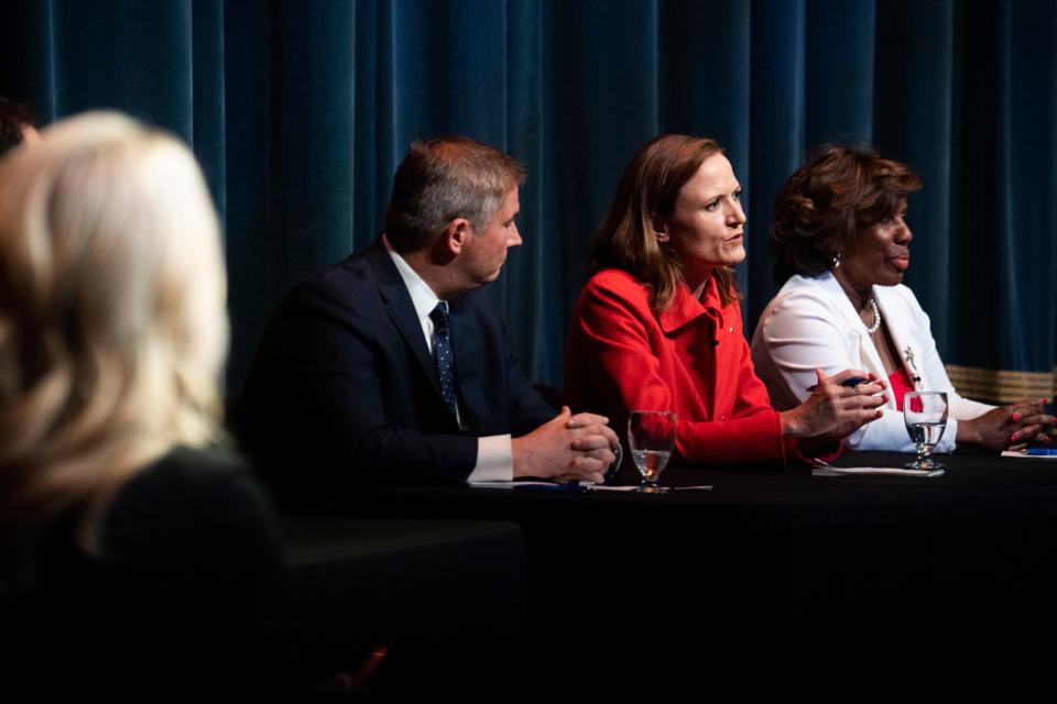 Alice Rolli, business and education strategist, answers questions during a debate for the Nashville mayoral candidates at Fisher Performing Arts Center in Nashville , Tenn., Thursday, May 18, 2023.