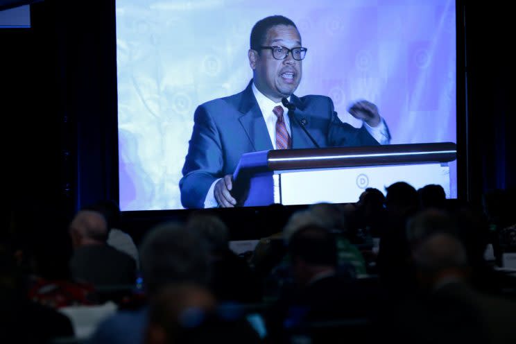 Rep. Keith Ellison addresses the crowd. (Photo: Chris Berry/Reuters)