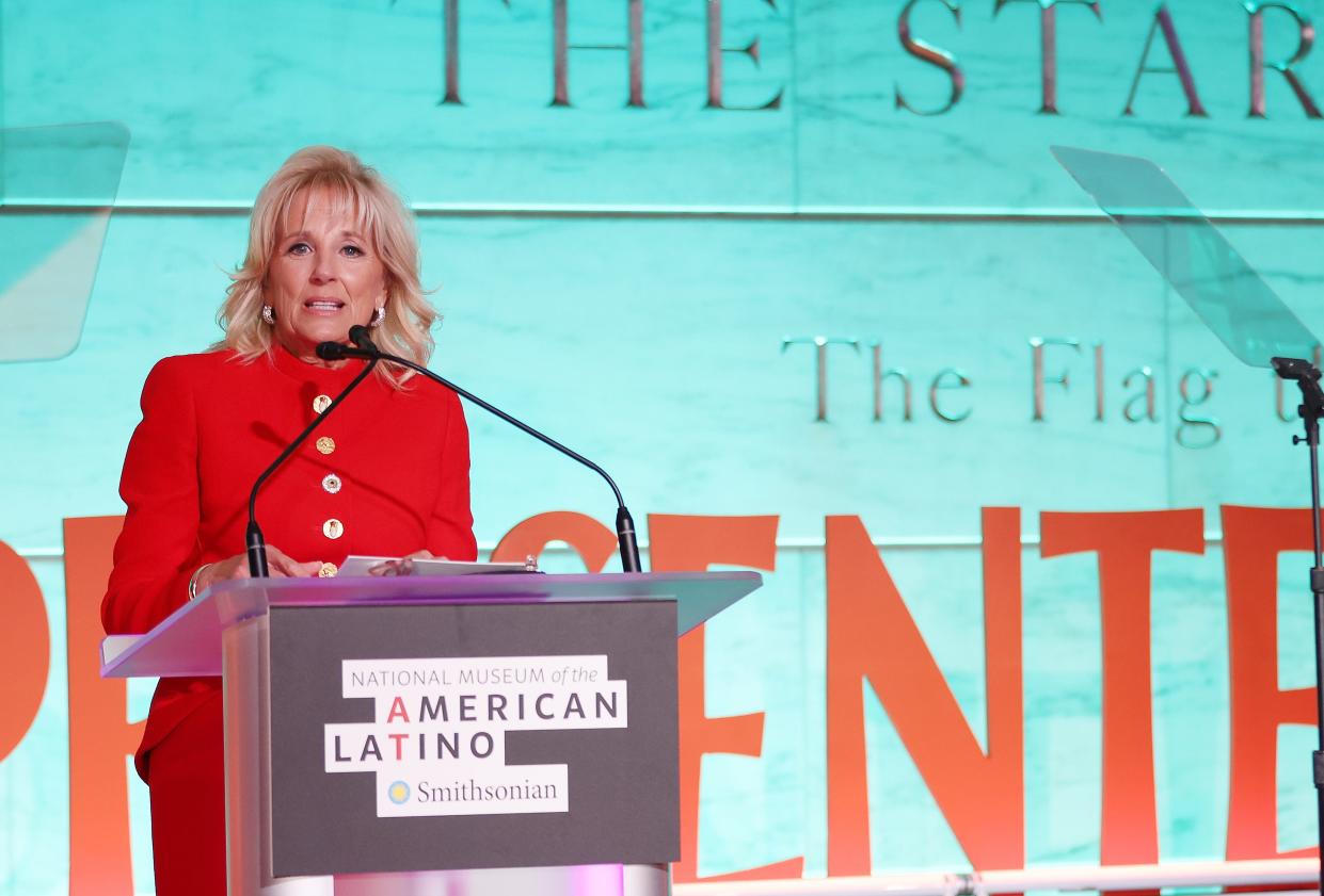 First lady Jill Biden speaks at the opening reception for the Smithsonian exhibit "¡Presente! A Latino History of the United States," marking the first gallery and physical presence of the National Museum of the American Latino, on June 16, 2022 in Washington, DC.