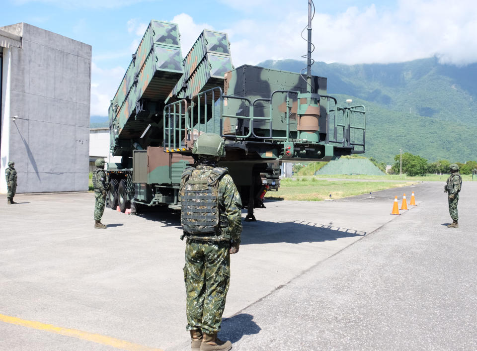 Taiwanese soldiers operate a Sky Bow III (Tien-Kung III) Surface-to-Air missile system at a base in Taiwan's southeastern Hualien county on Thursday, Aug. 18, 2022. Taiwan is staging military exercises to show its ability to resist Chinese pressure to accept Beijing's political control over the island. (AP Photo/Johnson Lai)