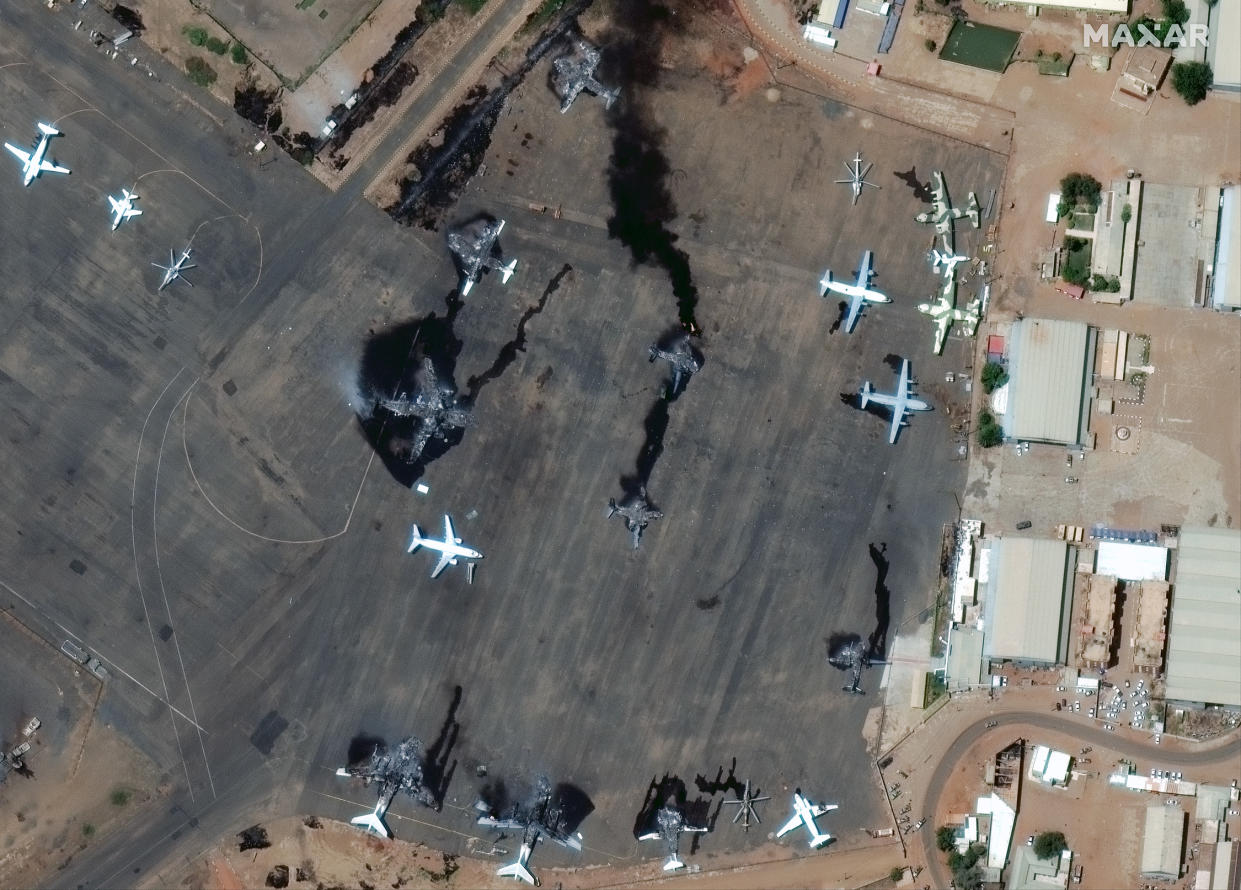  This image of Sudan's Khartoum International Airport, captured by a Maxar Technologies satellite on April 17, 2023, shows damage from the ongoing fighting in the country. 