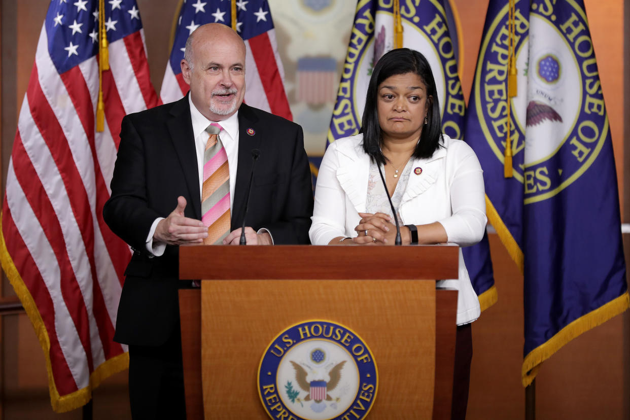 Congressional Progressive Caucus co-chairs Mark Pocan (D-Wis.) and Pramila Jayapal (D-Wash.) fought for parity between defense and non-defense spending. They didn't get it. (Photo: Chip Somodevilla via Getty Images)