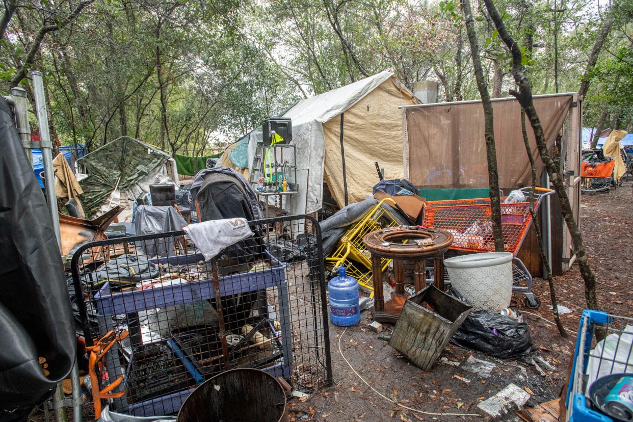 A homeless camp at the Jones Swamp Wetland Preserve  in Pensacola, Fla., on Wednesday, Jan. 3, 2024.