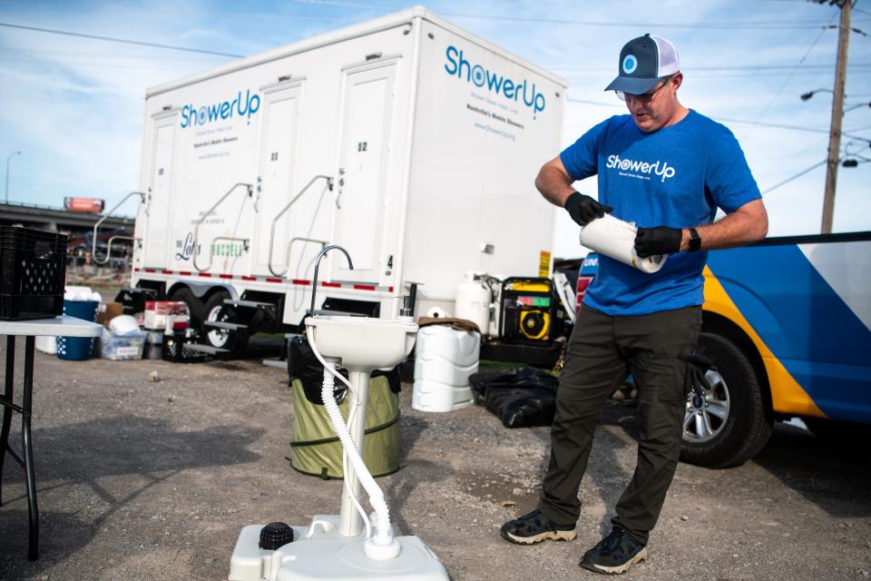 “Clean your hands, and we’ll go from there,” says Paul Schmitz, who set up a hand-washing station near the Jefferson Street bridge in Nashville on March 26. ShowerUp, a nonprofit organization, provides the homeless with mobile showers.