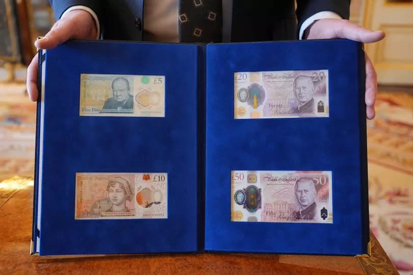 How the new £20 and £50 banknotes will look featuring the portrait of King Charles III alongside the back of the £5 and £10 notes that will continue to feature Sir Winston Churchill and Jane Austen