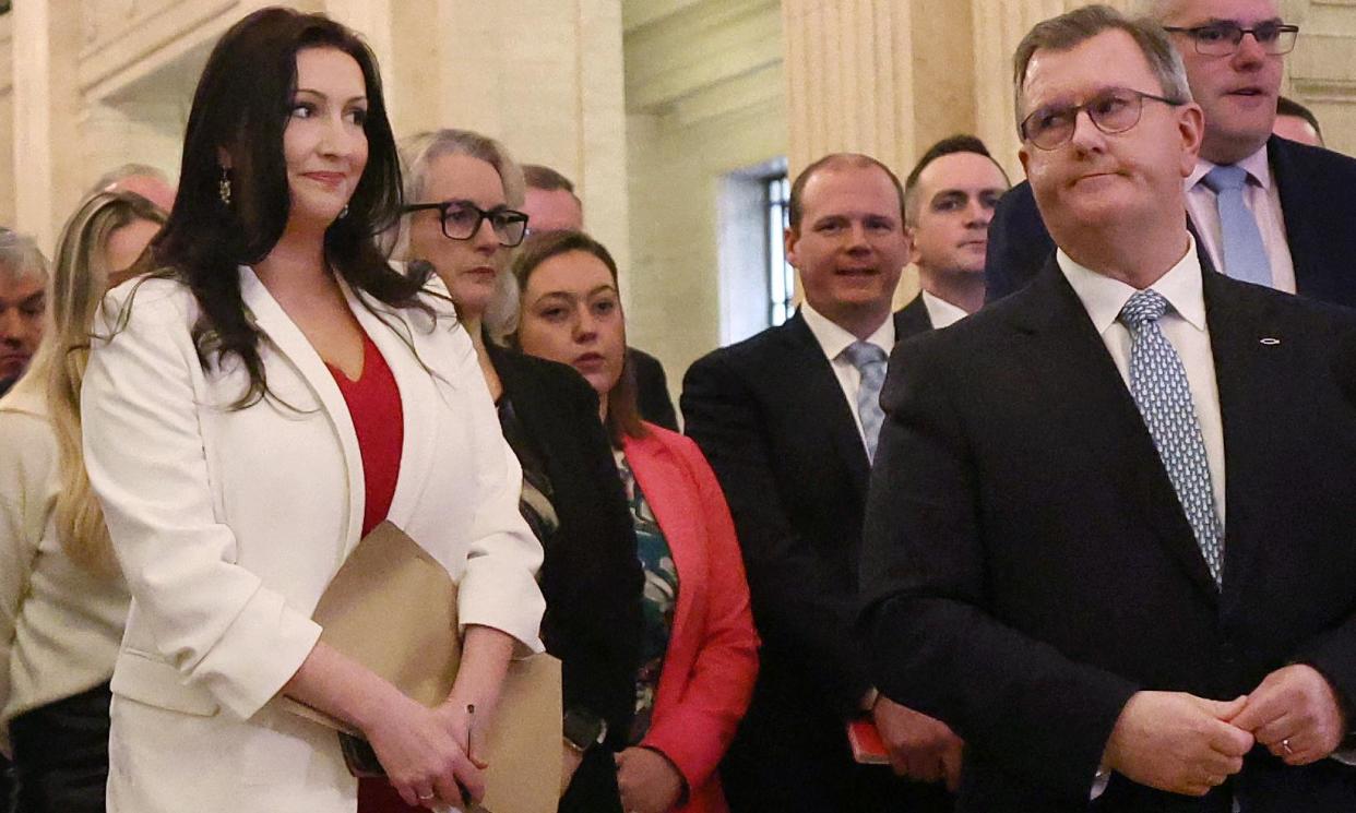 <span>Emma Little-Pengelly alongside Jeffrey Donaldson at the reopening of Stormont in February.</span><span>Photograph: Suzanne Plunkett/Reuters</span>