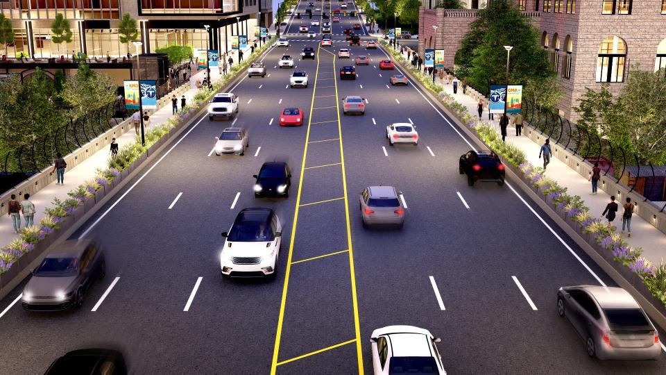 New renderings of the Broadway Bridge replacement released by the Tennessee Department of Transportation show six lanes of traffic (three in each direction) and a median.
