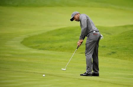 February 17, 2017; Pacific Palisades, CA, USA; Jhonattan Vegas puts on the fourth hole green during the second round of the Genesis Open golf tournament at Riviera Country Club. Mandatory Credit: Gary A. Vasquez-USA TODAY Sports