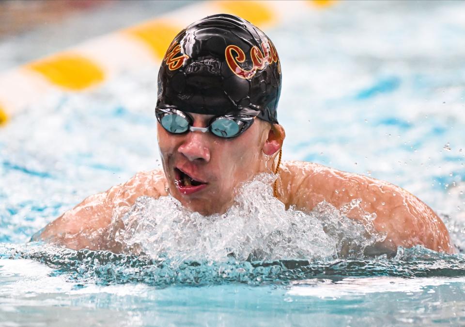 Bloomington North’s Ben Dixon competes in the 200 yard IM during their dual meet against Edgewood at Bloomington North on Tuesday, Jan. 23, 2024.
