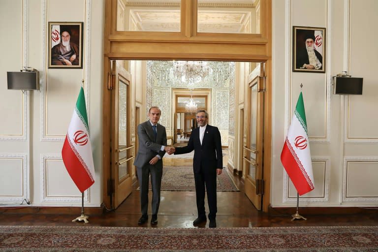 Iran's chief nuclear negotiator Ali Bagheri Kani welcomes EU envoy Enrique Mora in the capital Tehran on May 11, 2022. (AFP/-)