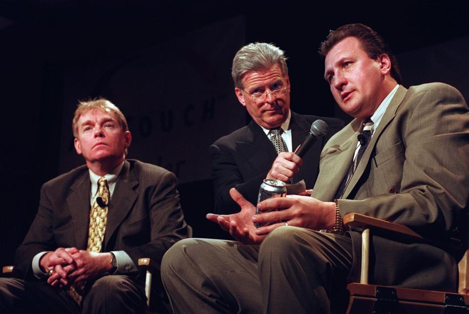 Former Channel 9 sports anchor Dennis Janson moderated a discussion between Skip Prosser and Bob Huggins at the Crosstown Shootout luncheon at the Hyatt Regency in 1999.