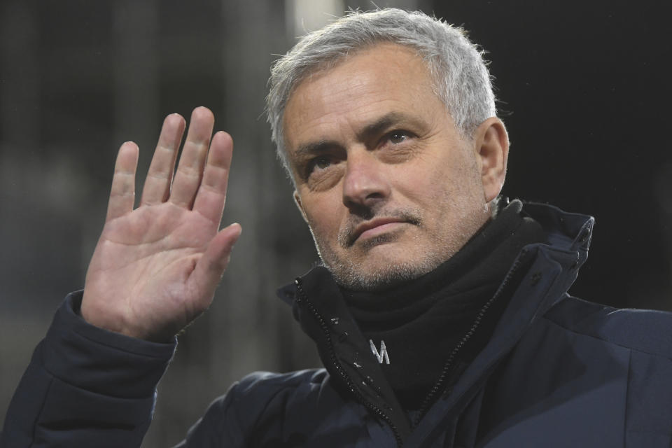 FILE - In this Thursday, March 4, 2021 file photo, Tottenham's manager Jose Mourinho waves during the English Premier League soccer match between Fulham v Tottenham Hotspur at the Craven Cottage stadium in London. A person with knowledge of the situation says Tottenham has fired manger Jose Mourinho. The person spoke on condition of anonymity because the decision has not yet been made public by Tottenham. Mourinho took over in November 2019. His firing comes with seventh-place Tottenham outside the Champions League places but with a League Cup final against Manchester City on Sunday, April 18, 2021. (Neil Hall/Pool via AP, File)