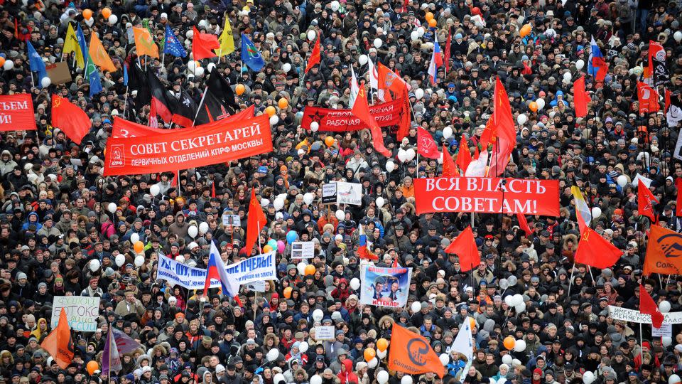 Thousands of people protest against the parliament elections in Moscow, on December 24, 2011. - Yuri Kadobnov/AFP/Getty Images