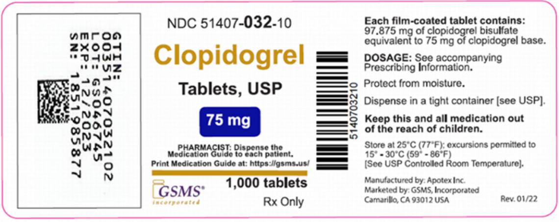 The label for recalled 75 mg Clopidogrel tablet bottles.