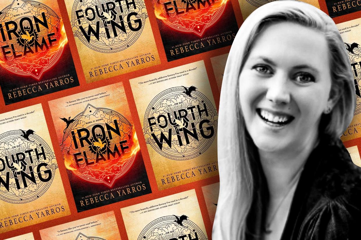 Rebecca Yarros over a collage of covers of Fourth Wing and Iron Flame.