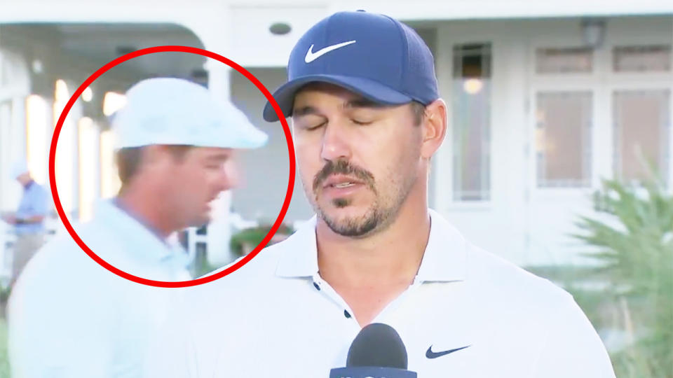 Brooks Koepka (pictured right) closes his eyes in frustration during an interview due to Bryson DeChambeau (pictured left).