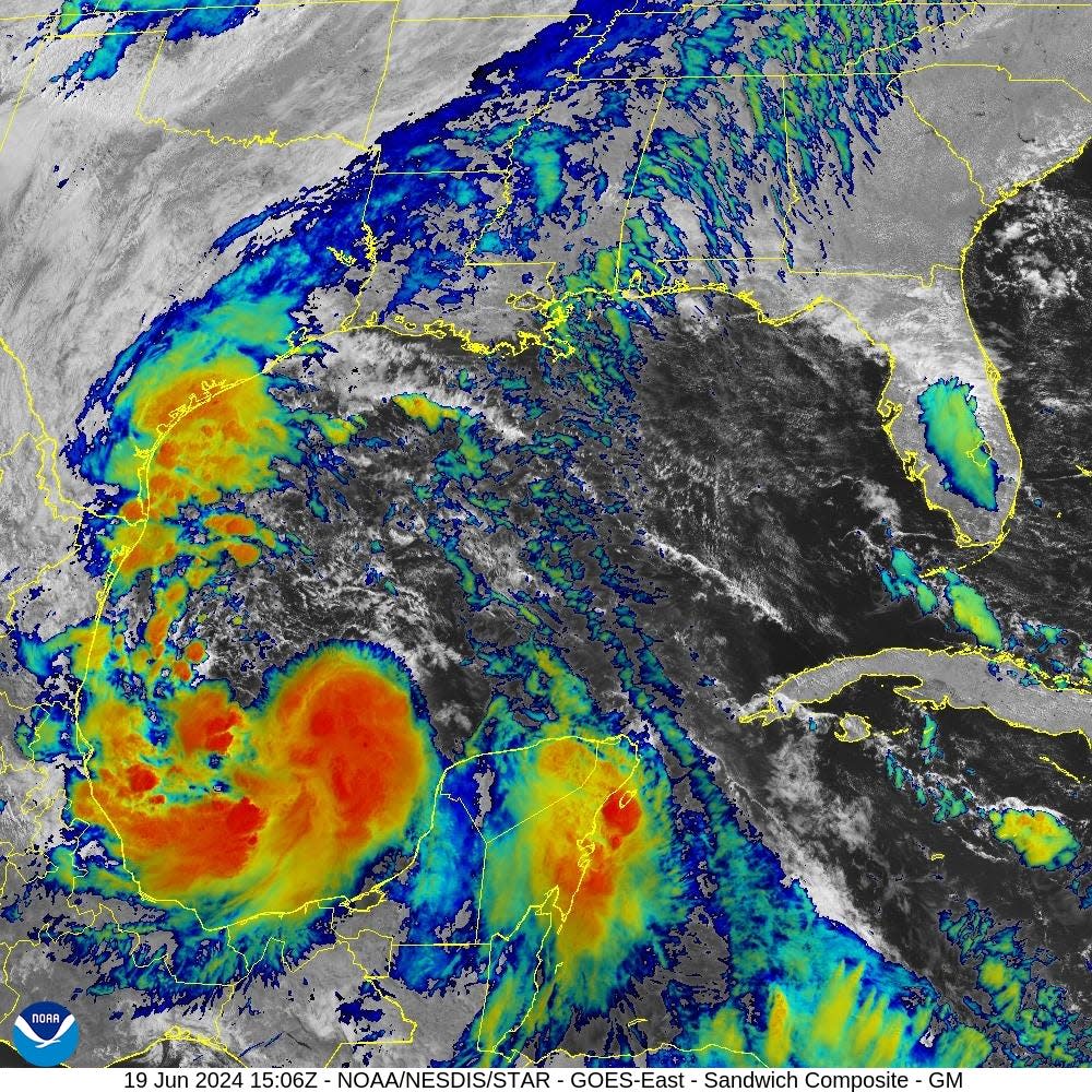 A GOES Satellite visualization of Tropical Storm Alberto, the first named storm of the 2024 hurricane season.