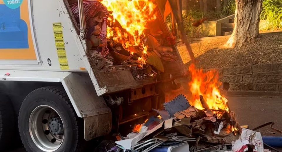 A garbage truck in Sydney's Eastern Suburbs on fire. 