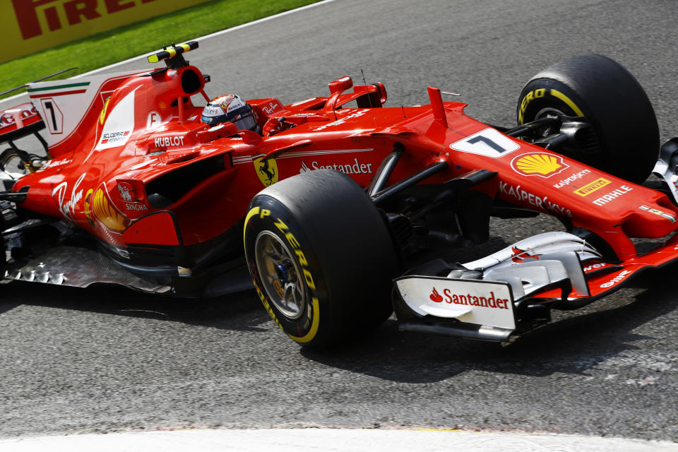 Ferrari’s Kimi Raikkonen racing at the 2017 Belgian Grand Prix