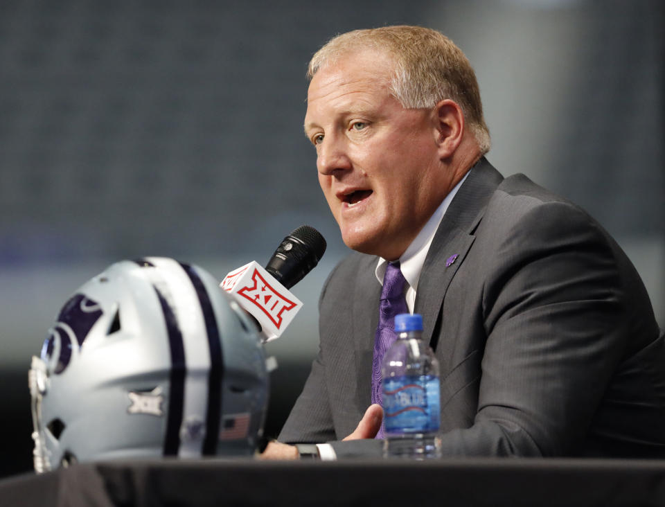 Kansas State head coach Chris Klieman speaks during Big 12 Conference NCAA college football media day Tuesday, July 16, 2019, at AT&T Stadium in Arlington, Texas. (AP Photo/David Kent)