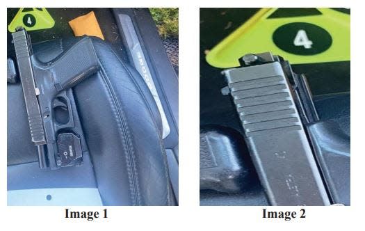 An excerpt from a charging document in a federal criminal case that shows a conversion device, also known as a switch, installed on a handgun. The devices turn a semi-automatic weapon into a fully automatic firearm.