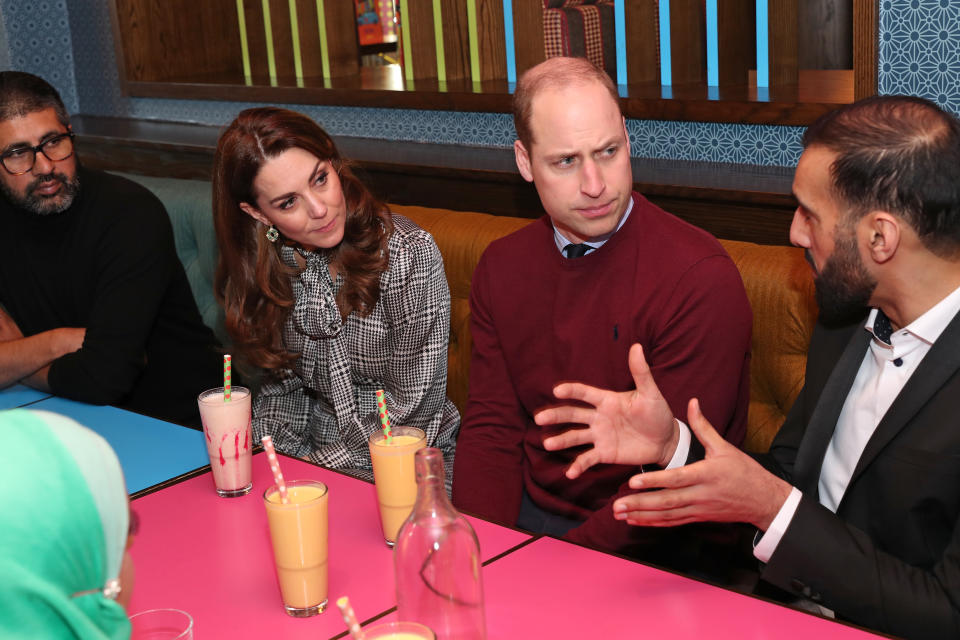 BRADFORD, ENGLAND - JANUARY 15: Catherine, Duchess of Cambridge and Prince William, Duke of Cambridge meet representatives from the UK Women’s Muslim Council and women whose lives have benefitted from the Council’s Curry Circle on January 15, 2020 in Bradford, United Kingdom. The Curry Circle is an initiative that provides a hot two-course meal for people who are homeless or struggling to feed themselves. (Photo by Chris Jackson/Getty Images)