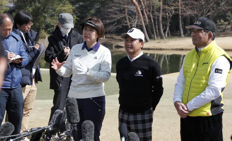 Japanese golf player Hiromi Kobayashi, third right, speaks to journalists as another golf players Masahiro Kuramoto, second right, and Tsuneyuki Nakajima, right, listen during a media tour of Kasumigaseki Country Club golf course, one of the venues of the Tokyo 2020 Olympics, in Kawagoe, near Tokyo , Monday, Feb. 25, 2019. Kobayashi was the LPGA’s rookie of the year in 1990 and she knows Japan faces high expectations. She says “as a player I was representing myself. But this is a different kind of pressure” for the country and its golfing community. (AP Photo/Koji Sasahara)