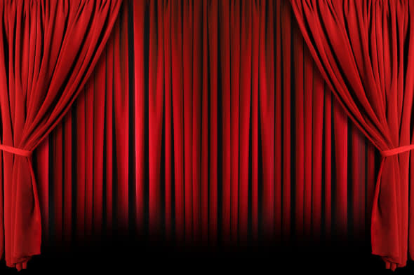 B3CAKB Red draped theater stage curtains with light and shadows. Image shot 2008. Exact date unknown.