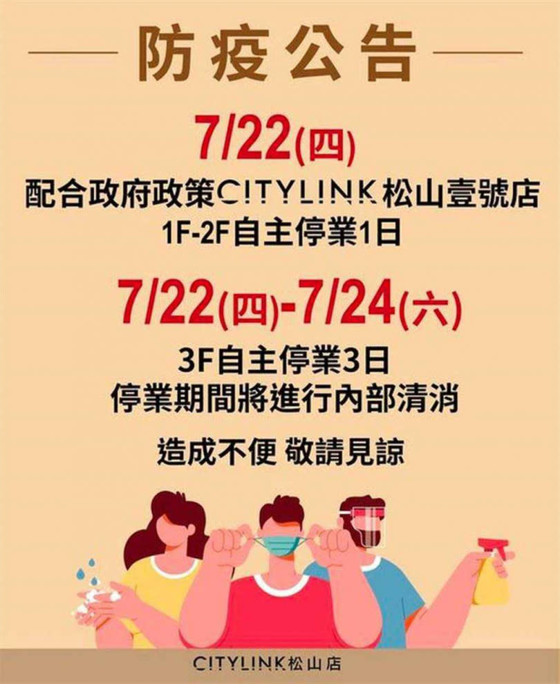 位在台北市松山車站的CITYLINK松山壹號店傳出有員工確診，因此停業消毒1至3日。（截圖自臉書粉絲團）