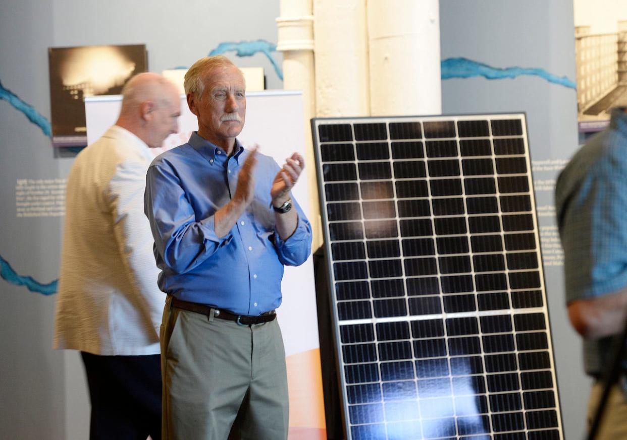 Angus King attended a press conference at Pepperell Mill Campus in Biddeford where a solar panel project was announced Friday, July 27, 2018.