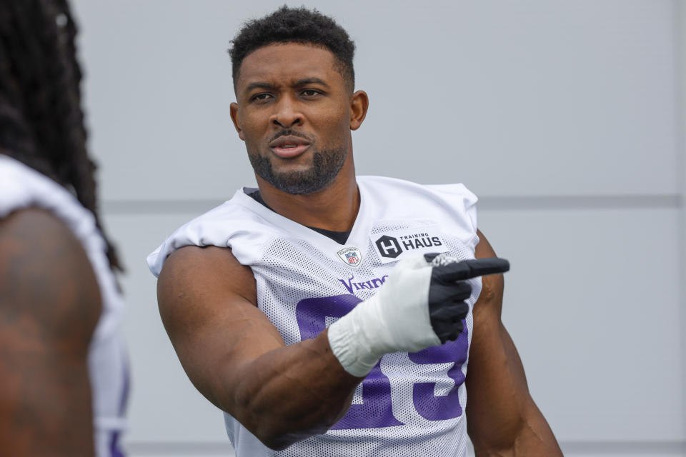 Minnesota Vikings defensive end Danielle Hunter points at equipment during the NFL football team's training camp Wednesday, July 28, 2021, in Eagan, Minn. (AP Photo/Bruce Kluckhohn)