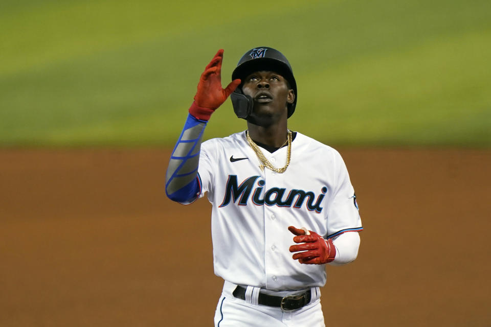 Miami Marlins' Jazz Chisholm Jr. celebrates after hitting a single during the first inning of a baseball game against the Philadelphia Phillies, Tuesday, May 25, 2021, in Miami. (AP Photo/Wilfredo Lee)