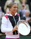 Italy's Sara Errani poses with her trophy on the podium after she lost against Russia's Maria Sharapova their Women's Singles final tennis match of the French Open tennis tournament at the Roland Garros stadium, on June 9, 2012 in Paris. AFP PHOTO / PATRICK KOVARIKPATRICK KOVARIK/AFP/GettyImages