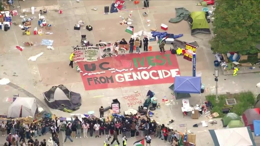 Pro-Palestinian protesters set up an encampment on the campus of UC Irvine on May 15, 2024. (KTLA)