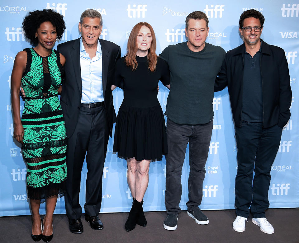 <p>(From left to right) Karimah Westbrook, writer/director/producer <a rel="nofollow" href="https://www.yahoo.com/movies/tagged/george-clooney" data-ylk="slk:George Clooney,;elm:context_link;itc:0;sec:content-canvas" class="link ">George Clooney,</a> <a rel="nofollow" href="https://www.yahoo.com/movies/tagged/julianne-moore" data-ylk="slk:Julianne Moore;elm:context_link;itc:0;sec:content-canvas" class="link ">Julianne Moore</a>, <a rel="nofollow" href="https://www.yahoo.com/movies/tagged/matt-damon" data-ylk="slk:Matt Damon;elm:context_link;itc:0;sec:content-canvas" class="link ">Matt Damon</a>, and writer/producer Grant Heslov at the <a rel="nofollow" href="https://www.yahoo.com/movies/tagged/toronto-film-festival" data-ylk="slk:2017 Toronto International Film Festival;elm:context_link;itc:0;sec:content-canvas" class="link ">2017 Toronto International Film Festival</a> for <a rel="nofollow" href="https://www.yahoo.com/movies/film/suburbicon" data-ylk="slk:Suburbicon;elm:context_link;itc:0;sec:content-canvas" class="link "><em>Suburbicon</em></a>, on Sept. 10 (Photo: Isaiah Trickey/Getty Images)<br><br></p>