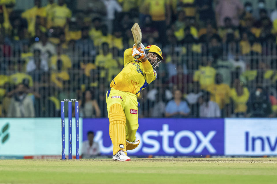 Ravindra Jadeja of Chennai Super Kings plays a shot during the Indian Premier League (IPL) cricket match between Chennai Super Kings and Rajasthan Royals in Chennai, India, Wednesday, April 12, 2023. (AP Photo/ R. Parthibhan)