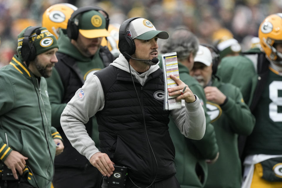Green Bay Packers head coach Matt LaFleur stands on the sideline during the second half of an NFL football game against the Minnesota Vikings, Sunday, Oct. 29, 2023, in Green Bay, Wis. (AP Photo/Morry Gash)