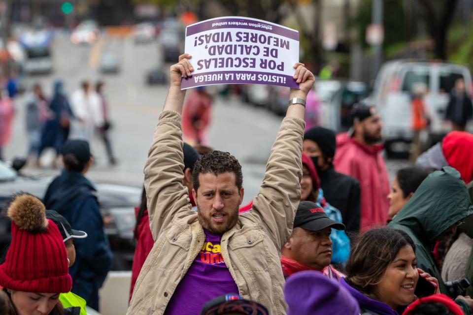 LAUSD employees rally on the first day of three day strike in Los Angeles.