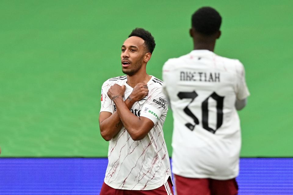 Pierre-Emerick Aubameyang paid tribute to late actor Chadwick Boseman after scoring for Arsenal against Liverpool on Saturday. (Justin Tallis/Getty Images)