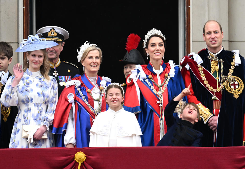 LONDON, ENGLAND - MAY 06: (L-R) Lady Louise Windsor, Vice Admiral Sir Timothy Laurence, Sophie, Duchess of Edinburgh, Princess Charlotte of Wales, Anne, Princess Royal, Catherine, Princess of Wales, Prince Louis of Wales and Prince William, Prince of Wales gather on the Buckingham Palace central balcony after the Coronation service of King Charles III and Queen Camilla on May 06, 2023 in London, England. The Coronation of Charles III and his wife, Camilla, as King and Queen of the United Kingdom of Great Britain and Northern Ireland, and the other Commonwealth realms takes place at Westminster Abbey today. Charles acceded to the throne on 8 September 2022, upon the death of his mother, Elizabeth II. (Photo by Samir Hussein/WireImage)