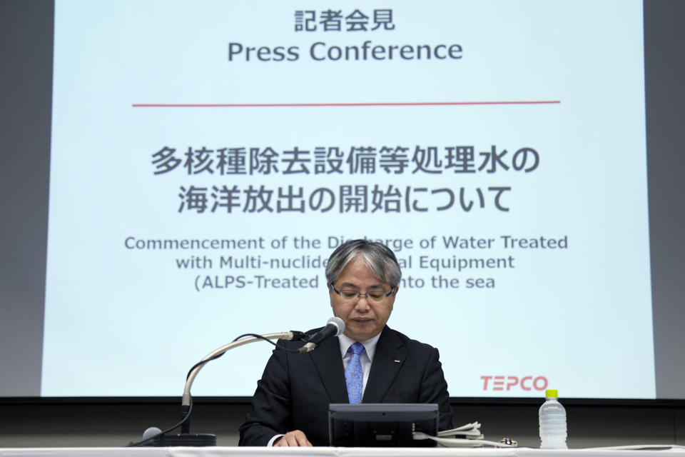 Junichi Matsumoto, the corporate officer in charge of treated water management for Tokyo Electric Power Co. (TEPCO) Holdings, which operates the Fukushima No. 1 nuclear power plant, speaks during a press conference at TEPCO headquarter building Tuesday, Aug. 22, 2023, in Tokyo. (AP Photo/Eugene Hoshiko)