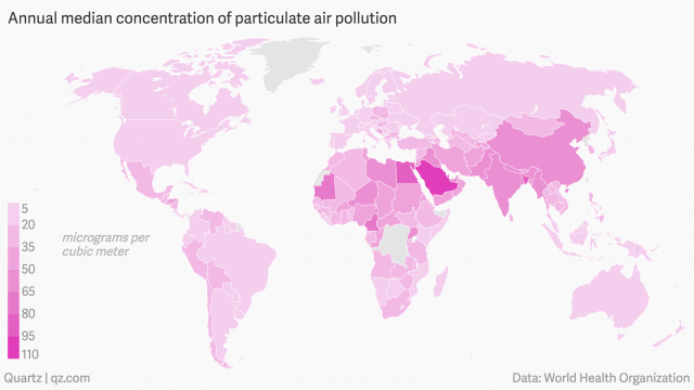 A map showing the global concentrations of fine particulate matter