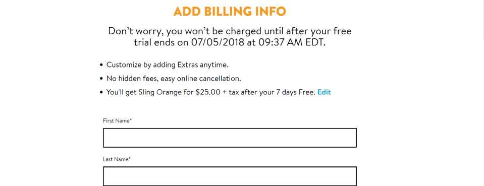 The billing info of setting up a Sling TV free trial