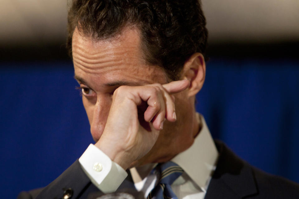 U.S. Representative Anthony Weiner, a Democrat from New York, pauses while speaking at a news conference in New York, U.S., on Monday, June 6, 2011. Weiner apologized today for sending inappropriate photos and texts to women via Twitter and said he isn't resigning.&nbsp;