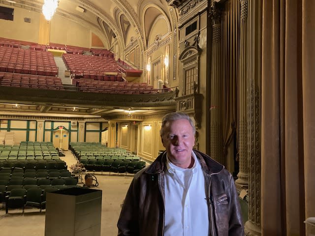 Developer Chris Ales during renovations of the 1920 Capitol Theatre in downtown Davenport (photo by Jonathan Turner).