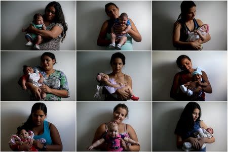 Mothers posing with their babies who were born with microcephaly, at Pedro I hospital in Campina Grande, Brazil, are shown in this February 18, 2016 file combination photo. REUTERS/Ricardo Moraes/Files