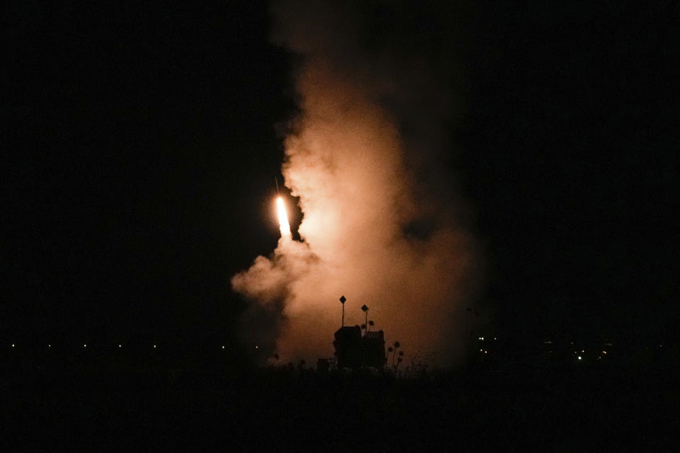 Israel's Iron Dome anti-missile system fires to intercept a rocket launched from the Gaza Strip towards Israel, near Sderot, Israel, Wednesday, May 10, 2023. (AP Photo/Ohad Zwigenberg)