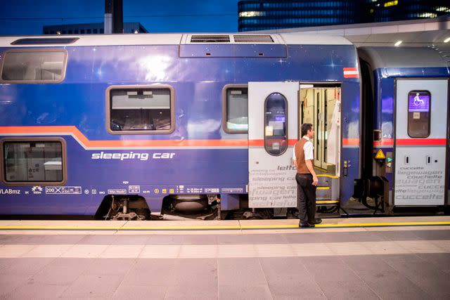 <p>Alex Halada//AFP/Getty Image</p> The sleeping car of a Nightjet train.